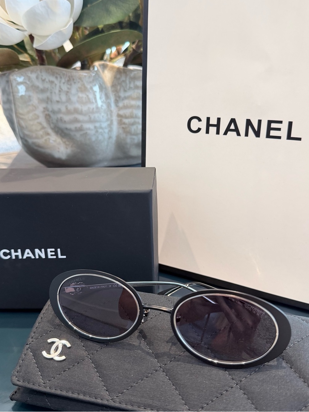 CHANEL Black and Silver Oval Sunglasses